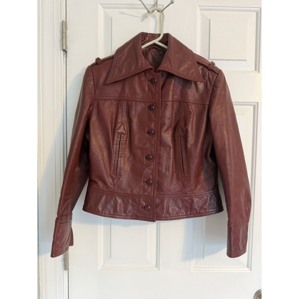 Rare 70s Vintage Burgundy E Aigner Oxblood Leather Cropped Moto Button Jacket 14